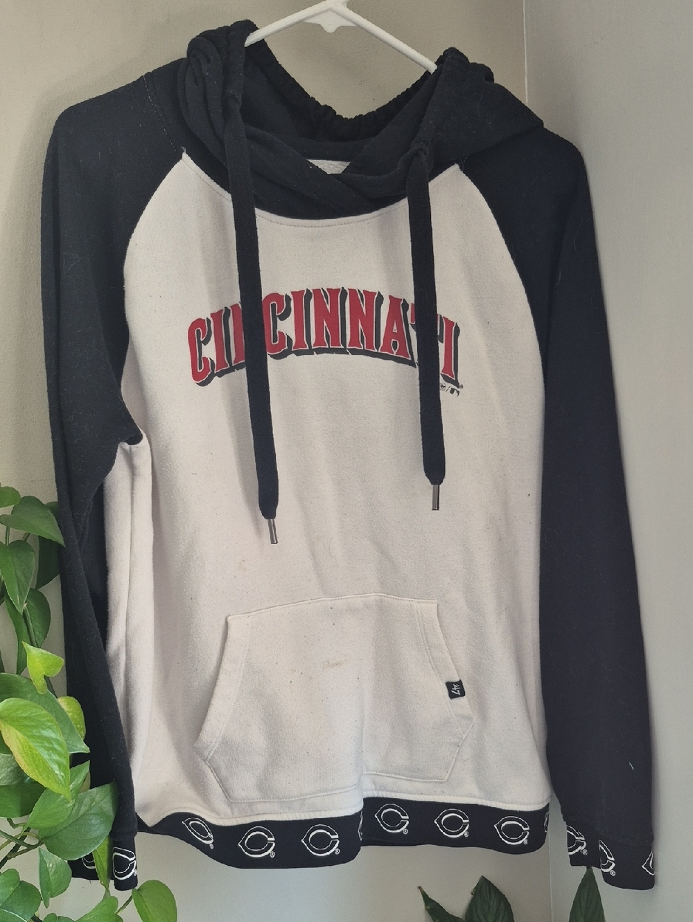 '47 Black and White Hoodie with Red Chest Lettering